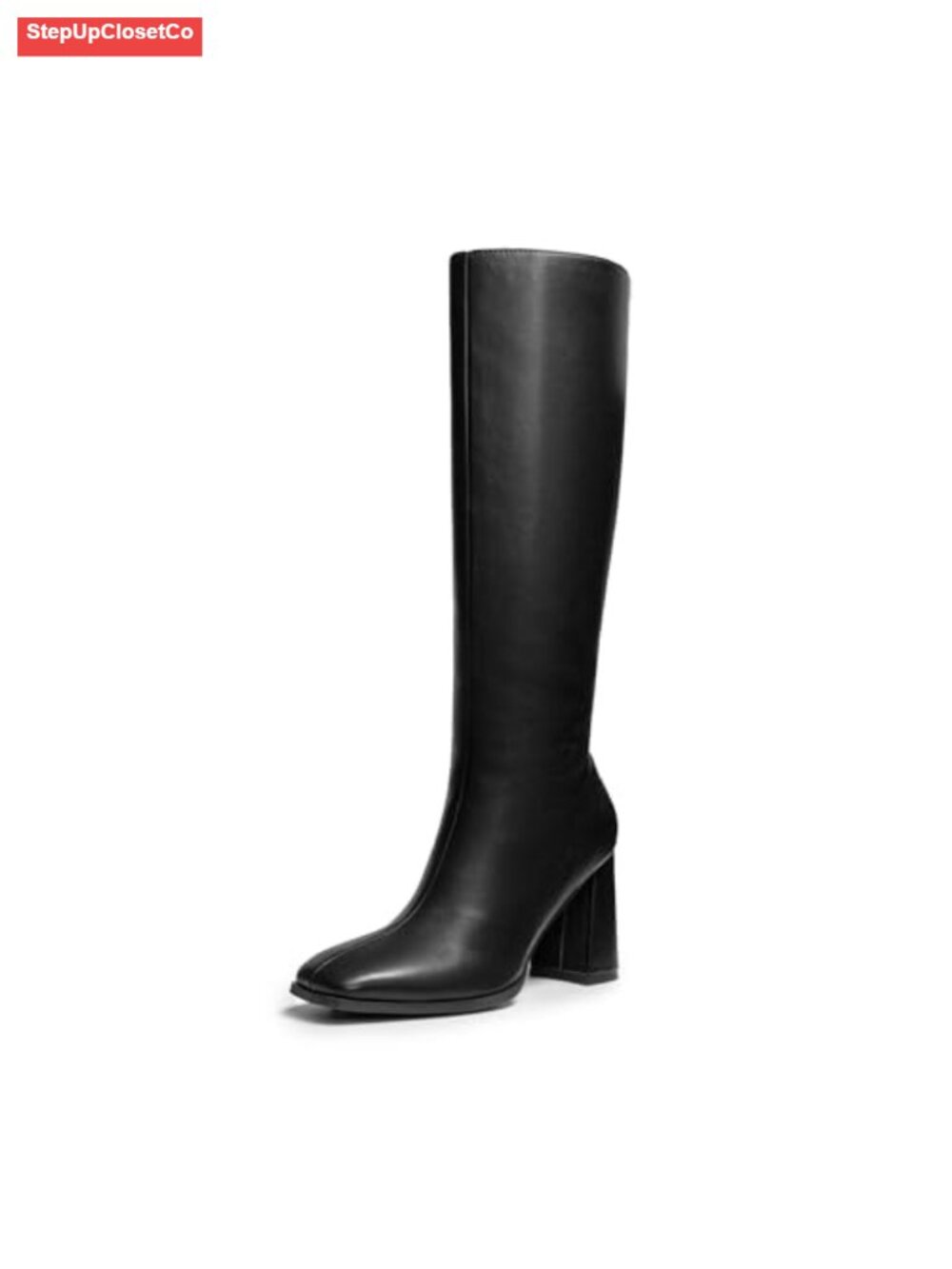Knee High Square Toe Heel Boots Faux Leather Side Zipper 3.35in Heel Women's
